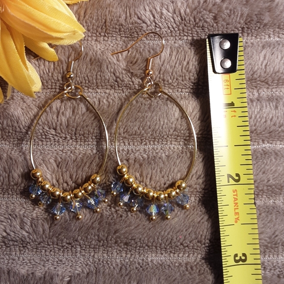 Handcrafted Hoop Gold and Blue Dangle Earrings. - Picture 3 of 3